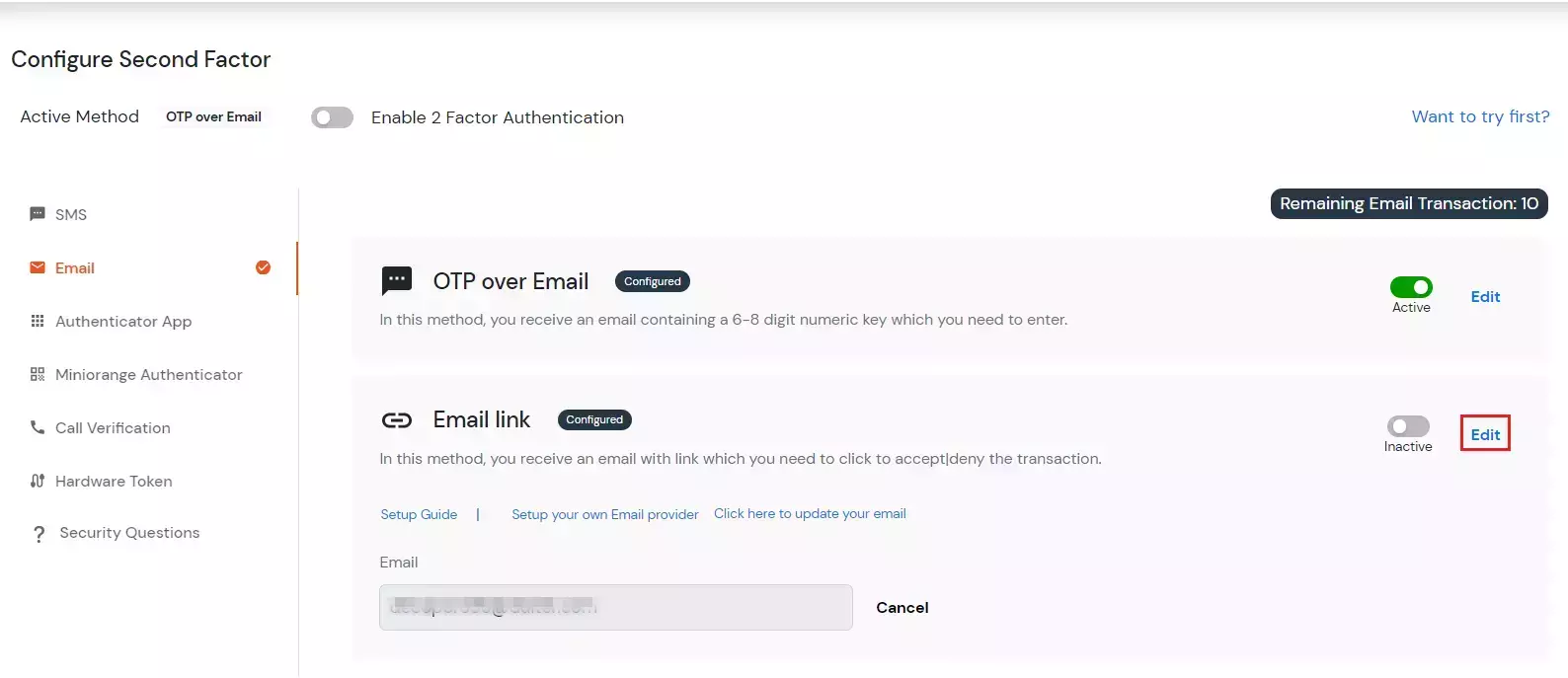 configure  EMAIL link 2FA for admin
