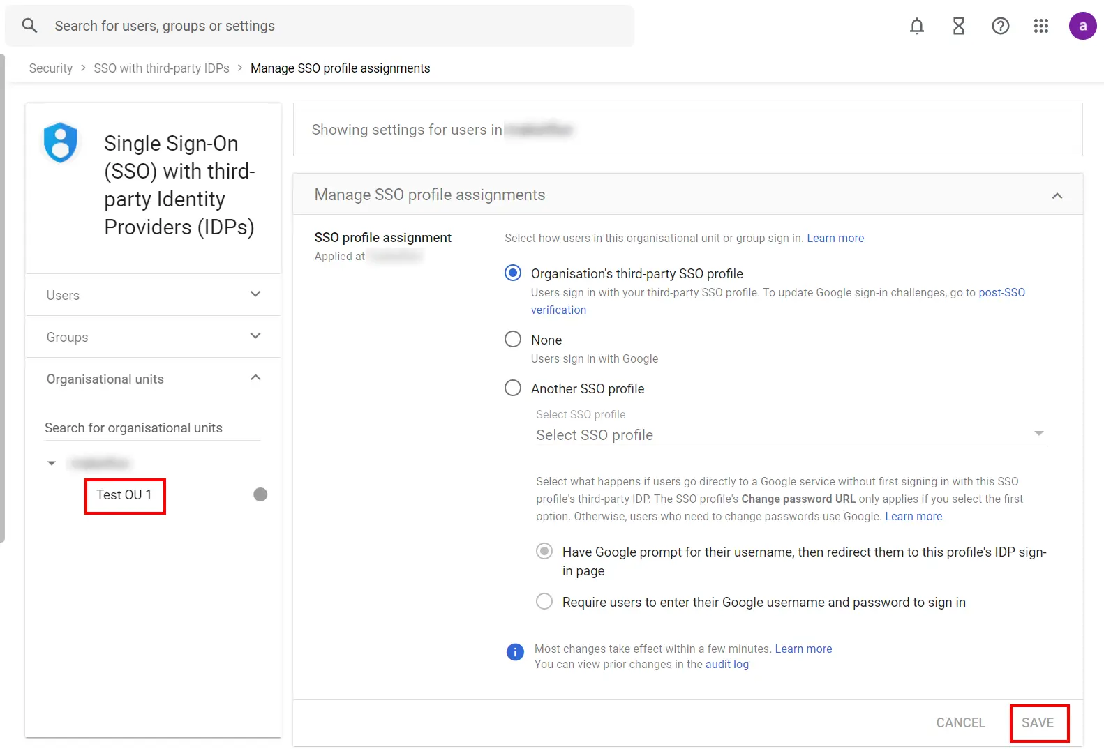 Google sso (Single Sign-On) select the OU or group for assigning the SSO Profile