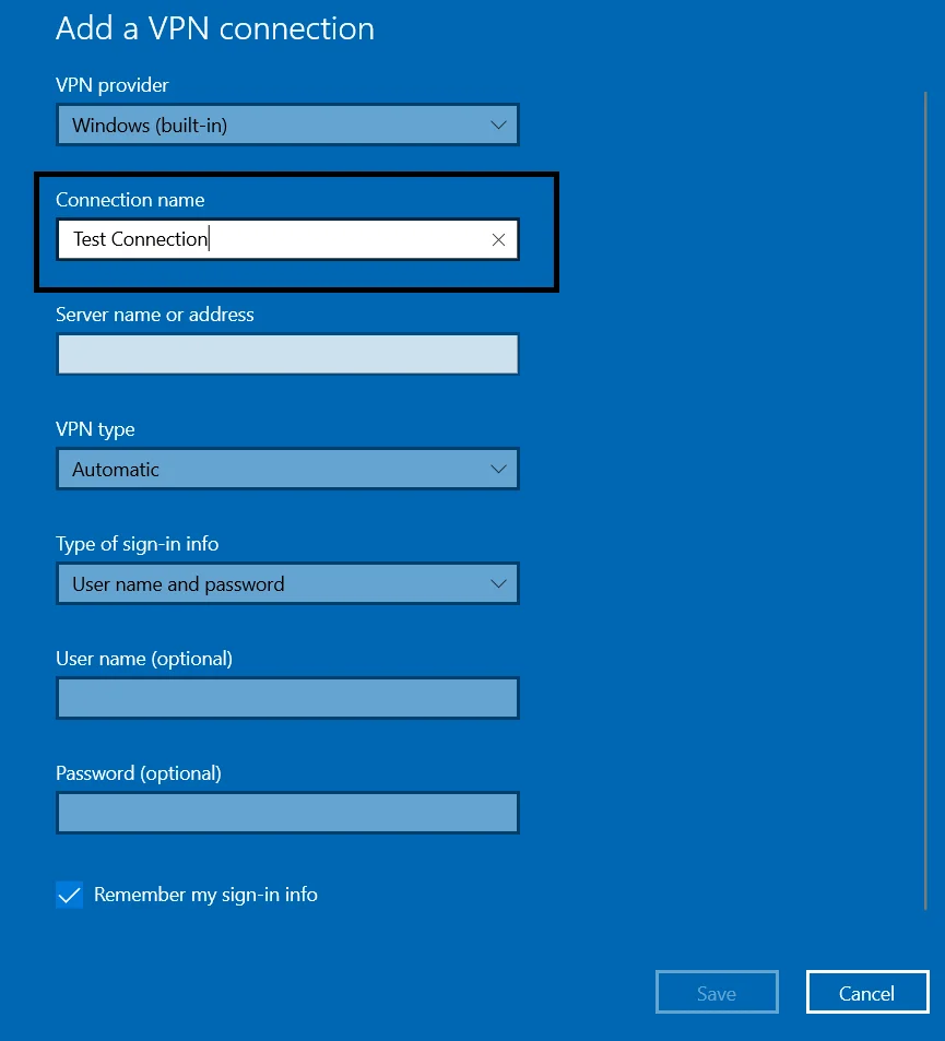 2FA Two-Factor Authentication for Windows VPN :  Enter a Connection name.