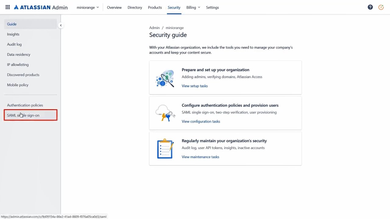 Atlassian Access Cloud SSO (Single Sign-On) Security tab