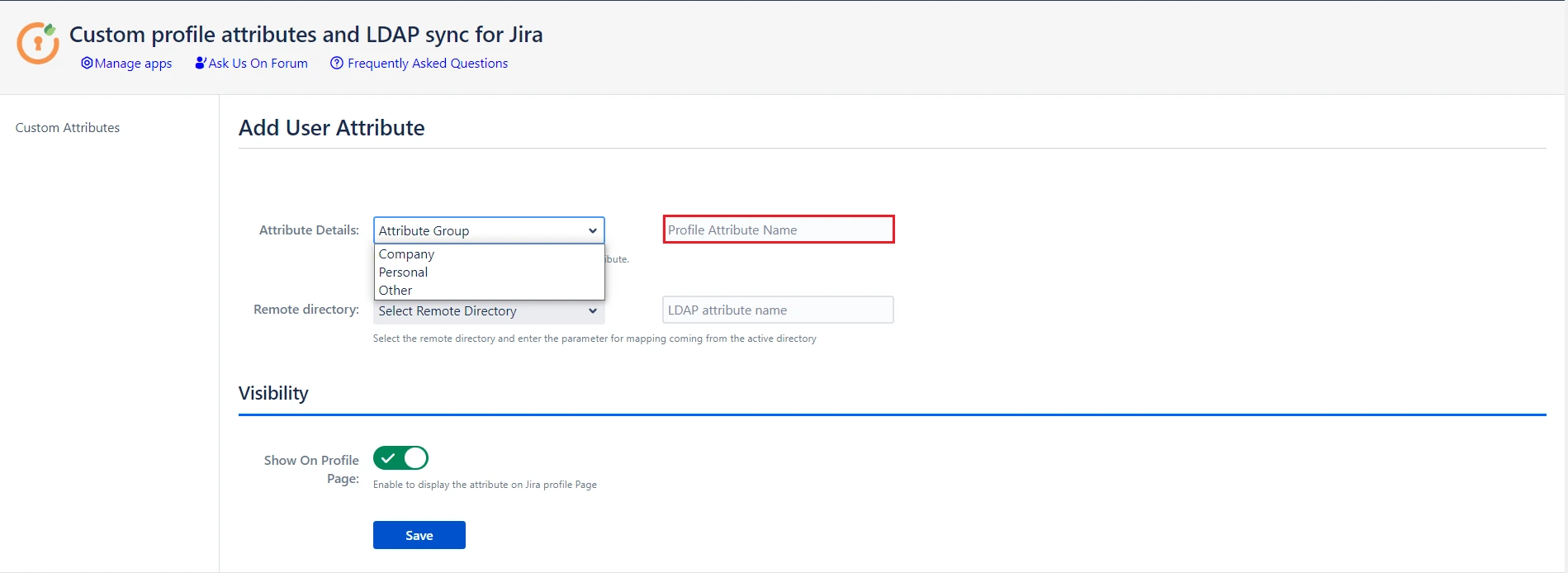 Custom profile attributes and LDAP 
sync add profile attribute