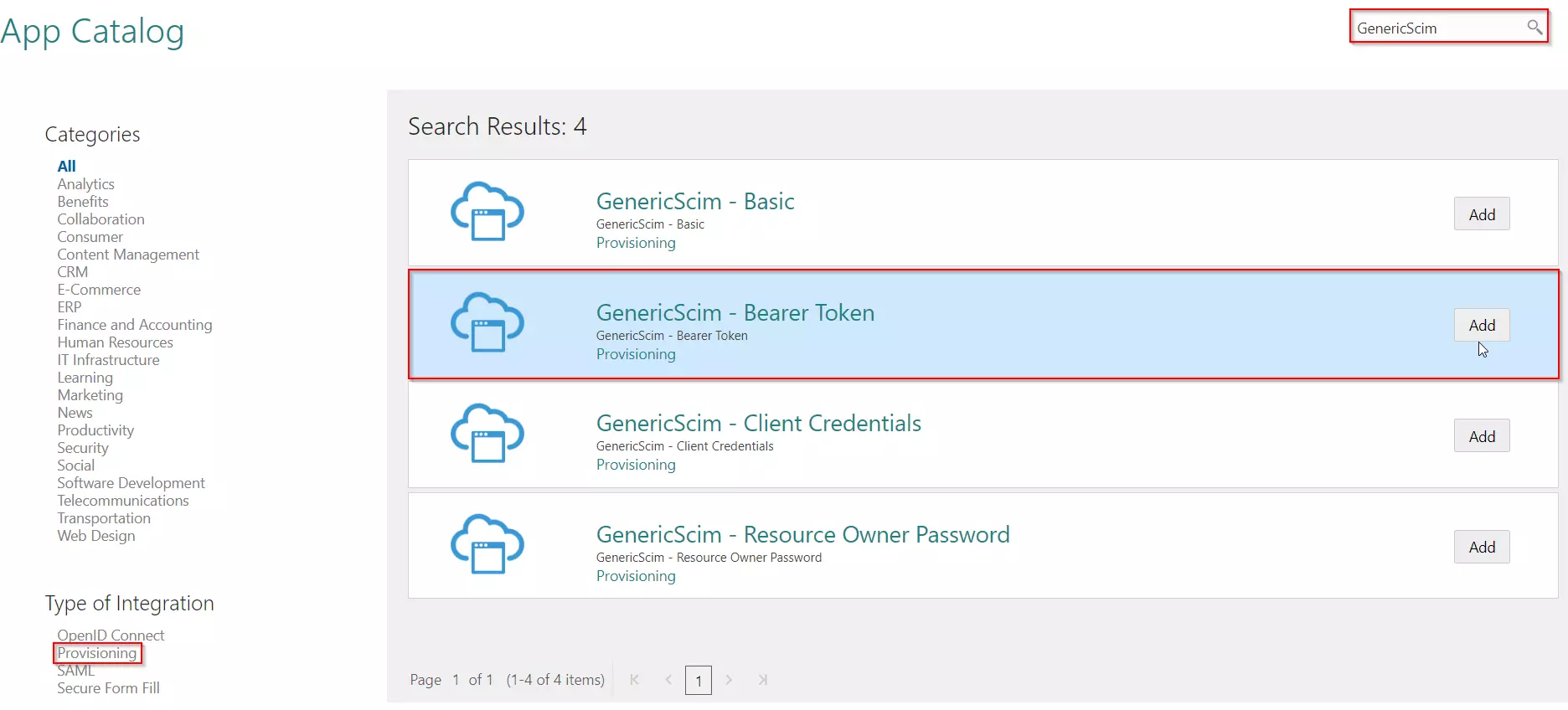 User provisioning with Oracle Cloud of SCIM Standard, App Catalog