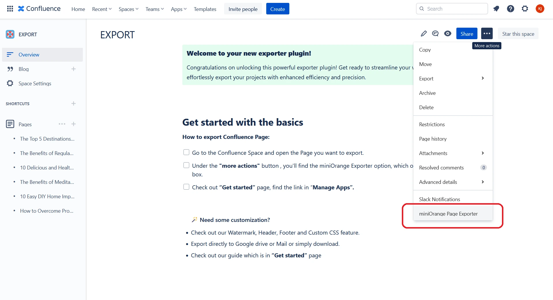 Confluence exporter section, Confluence exporter