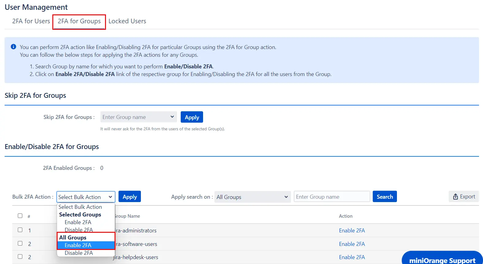 Setup Two Factor (2FA / MFA) Authentication for Jira using OTP, KBA, TOTP methods enable all group