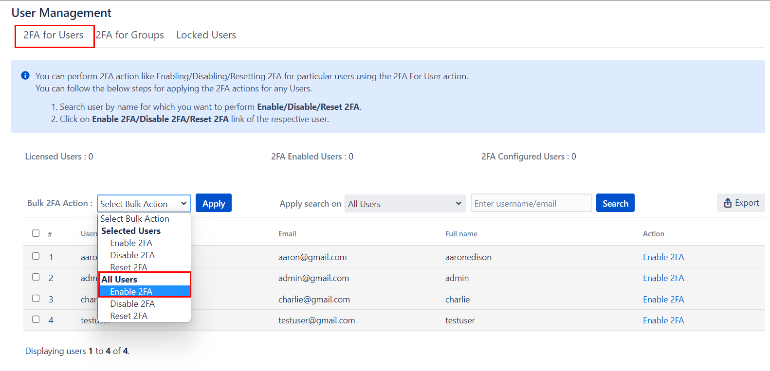 Setup Two Factor (2FA / MFA) Authentication for Bamboo using OTP, KBA, TOTP methods Enable all users