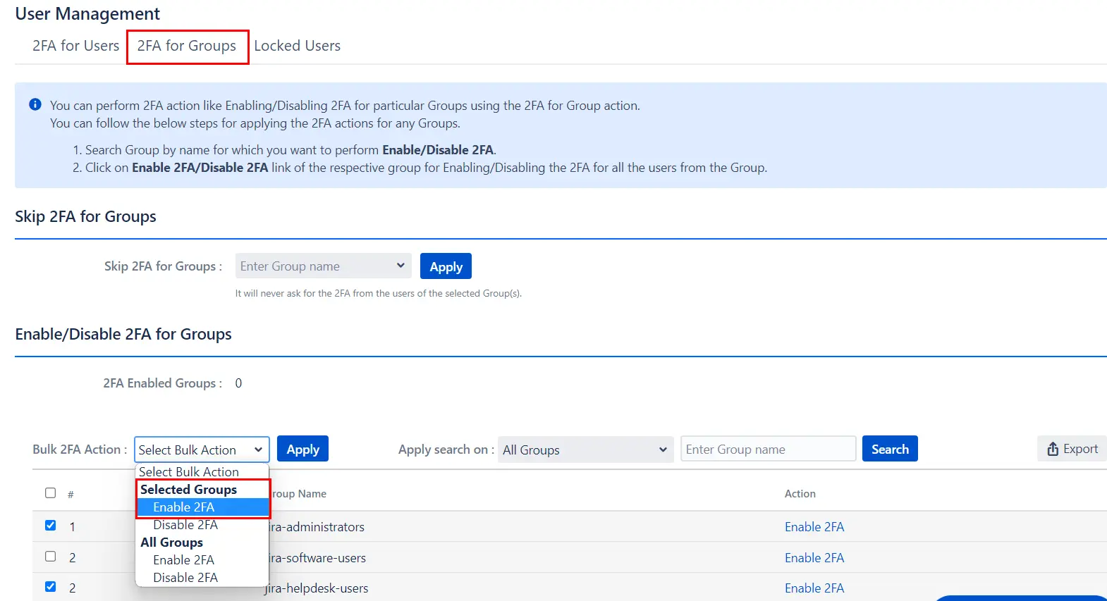 Setup Two Factor (2FA / MFA) Authentication for Jira using OTP, KBA, TOTP methods enable multiple group