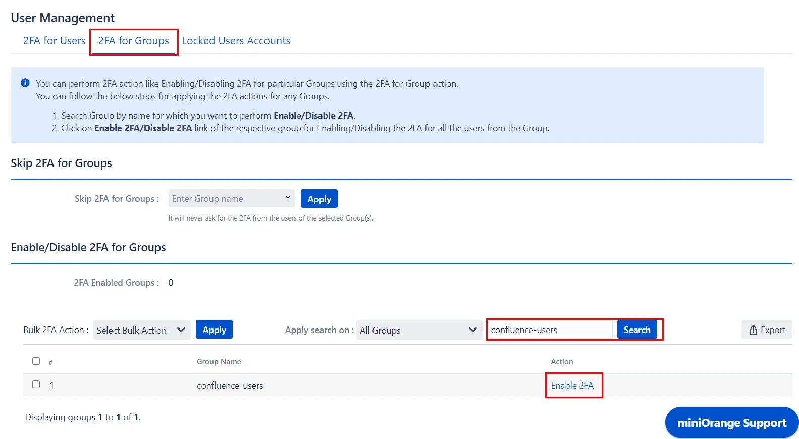 Setup Two Factor (2FA / MFA) Authentication for Bamboo using OTP, KBA, TOTP methods enable single group