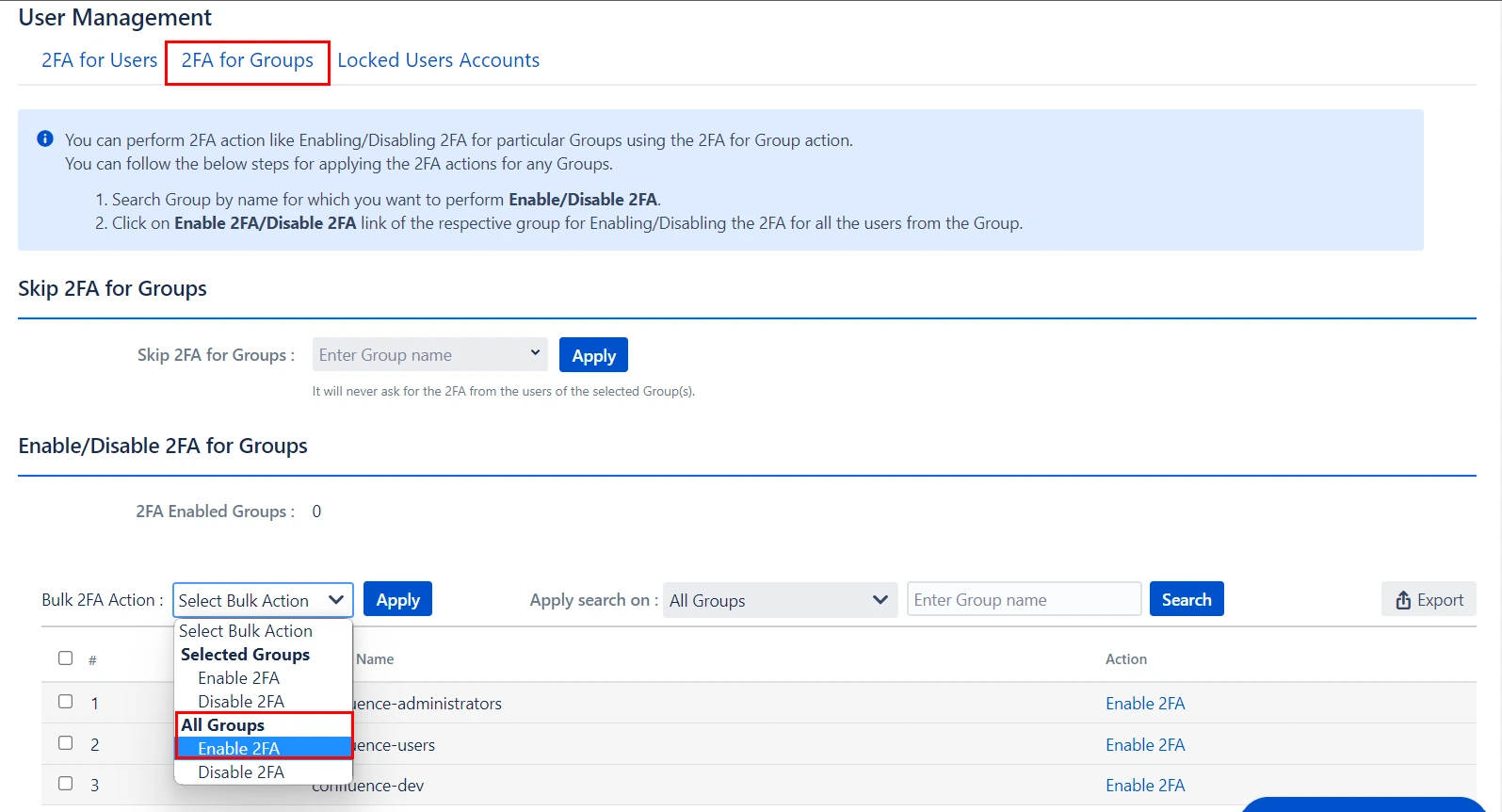 Setup Two Factor (2FA / MFA) Authentication for Bamboo using OTP, KBA, TOTP methods enable all groups