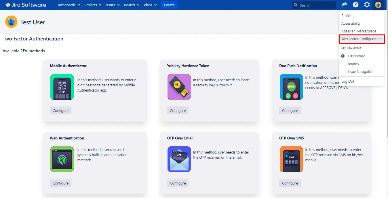 Setup Two Factor (2FA / MFA) Authentication for Jira using OTP, KBA, TOTP methods user profile