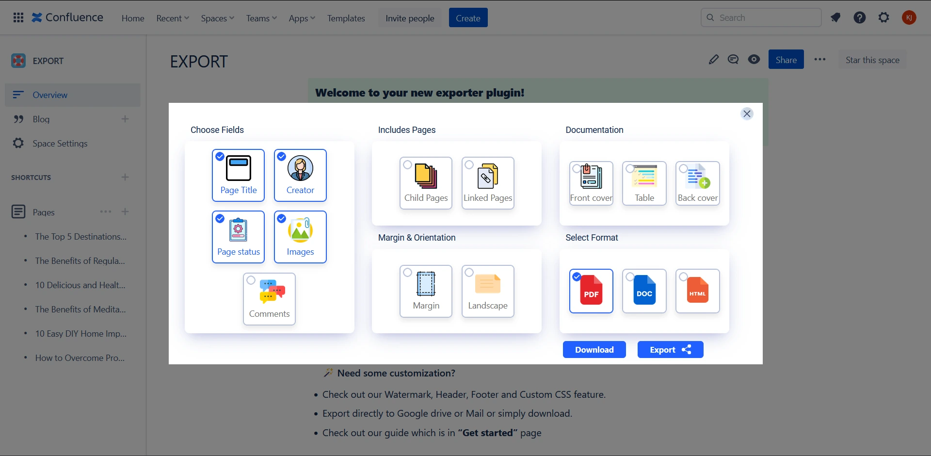 Jira exporter choose fields, Jira exporter