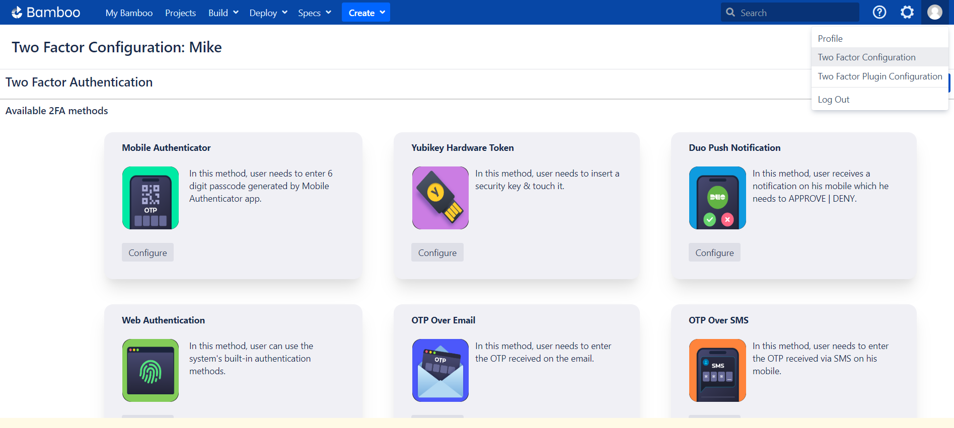 Setup Two Factor (2FA / MFA) Authentication for Bamboo using OTP, KBA, TOTP methods user profile page
