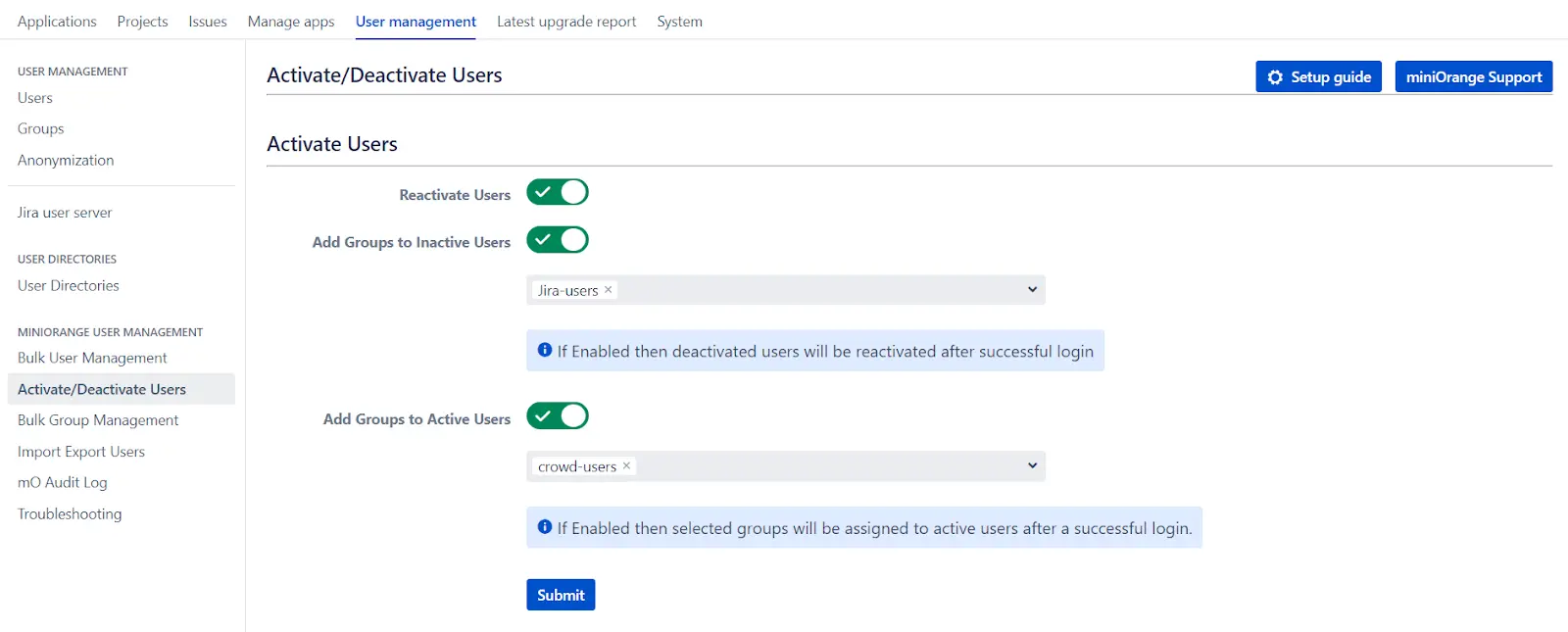 Setup Bulk User Management fo Jira, Bulk action management to inactivate deactivate users