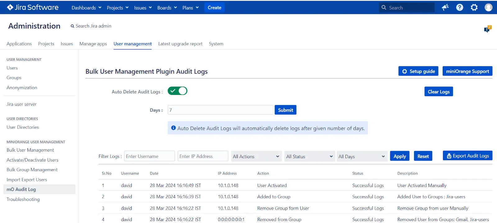 Setup Bulk User Management fo Jira, Bulk action management to inactivate deactivate users