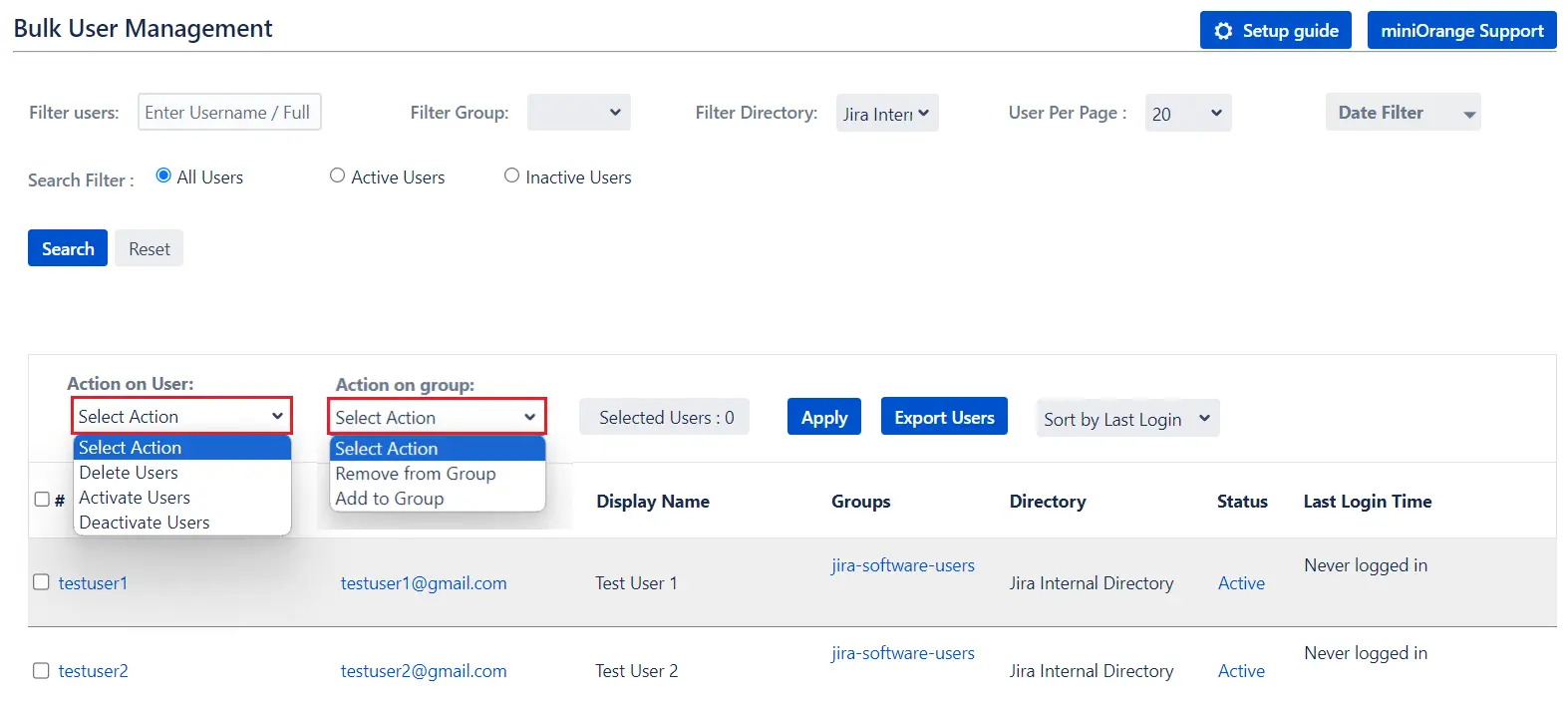 Setup Bulk User Management fo Jira, Bulk action management to inactivate deactivate users