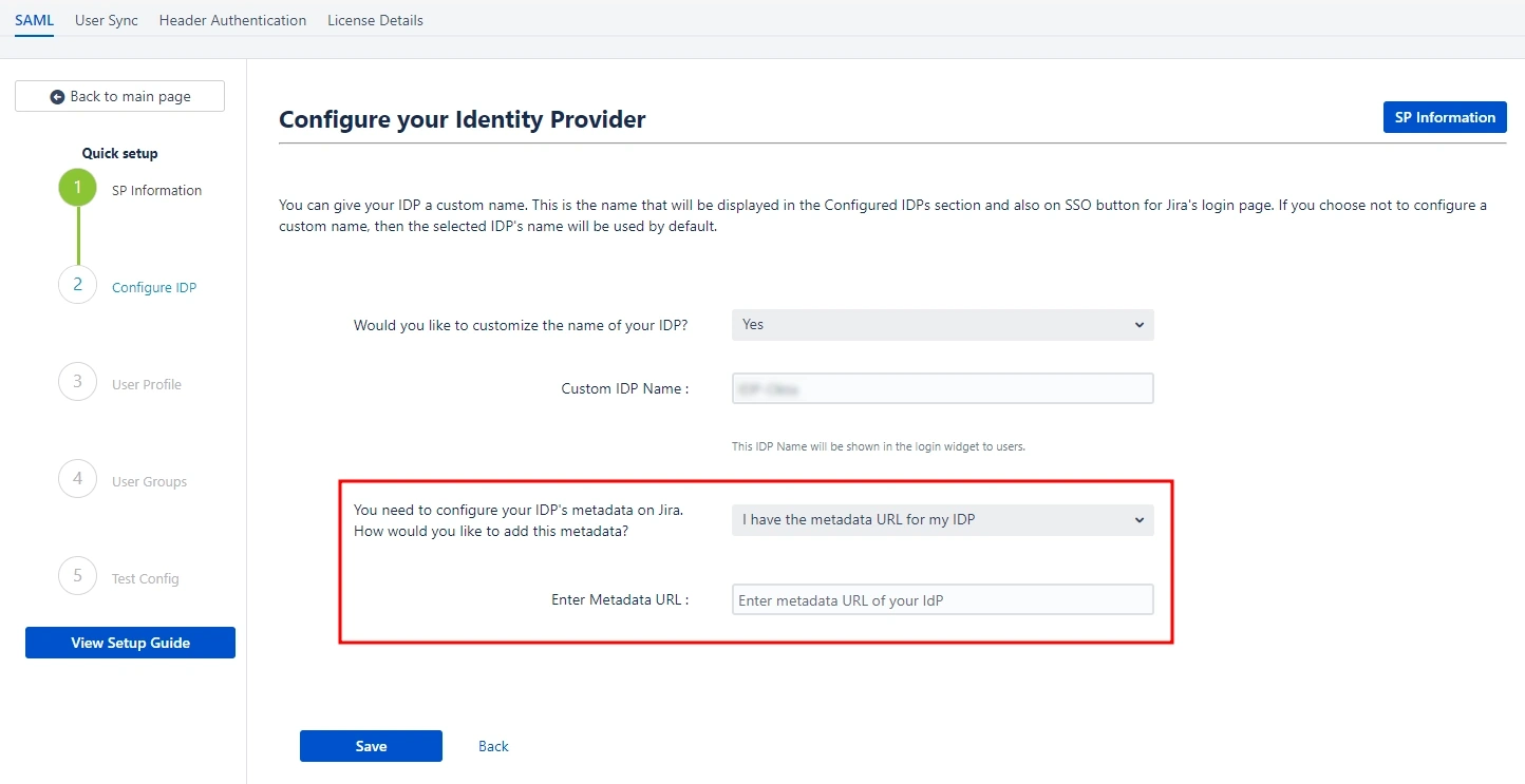 saml single sign on sso into Jira, Quick Setup sp metadata url