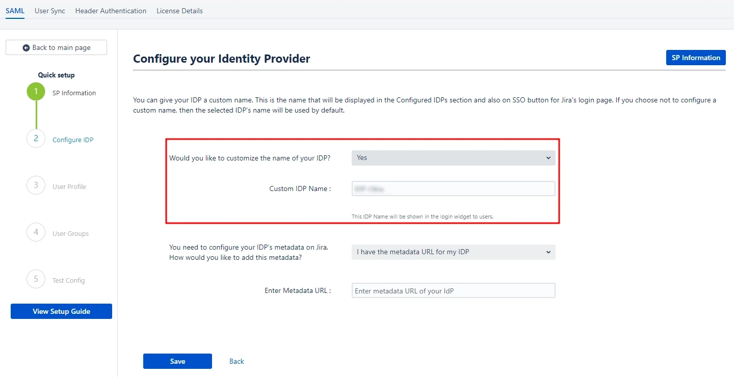 saml single sign on sso for jira, Quick Setup sp metadata url