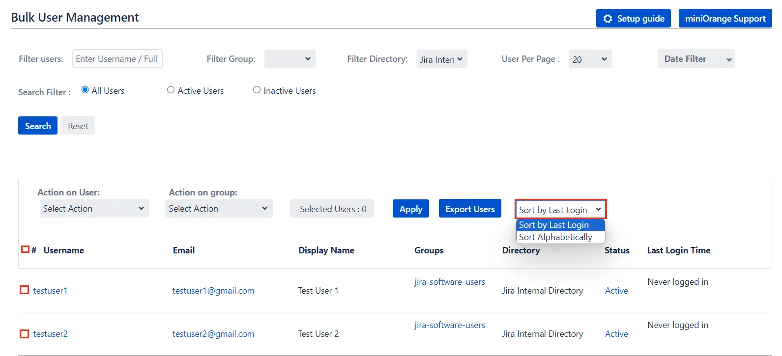 Setup Bulk User Management fo Jira, Bulk action management to inactivate deactivate users