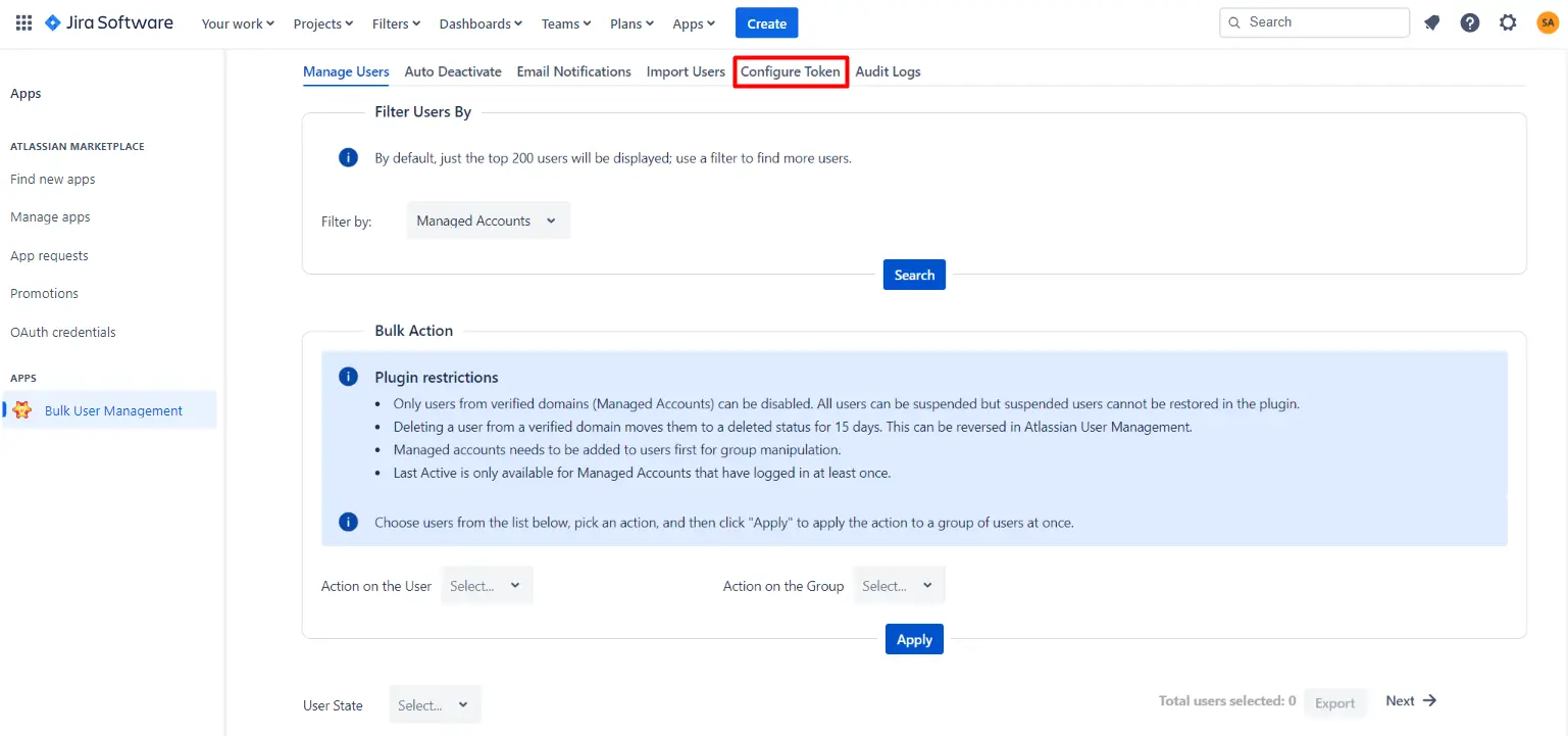 Setup Bulk User Management fo Jira, Bulk action management to inactivate deactivate users