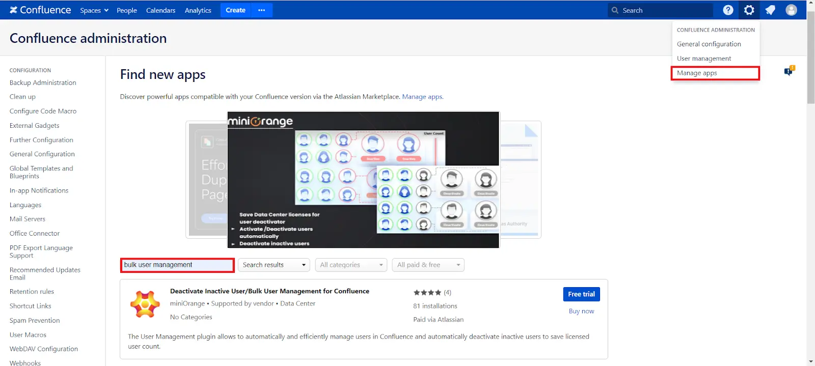 Setup Bulk User Management fo Confluence, Bulk management action