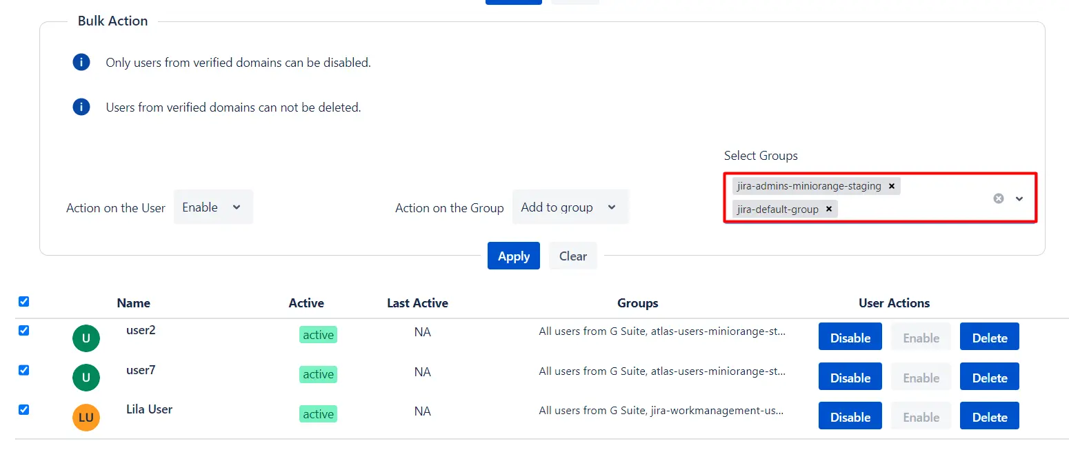 Setup Bulk User Management fo Jira, Bulk action management to inactivate deactivate users