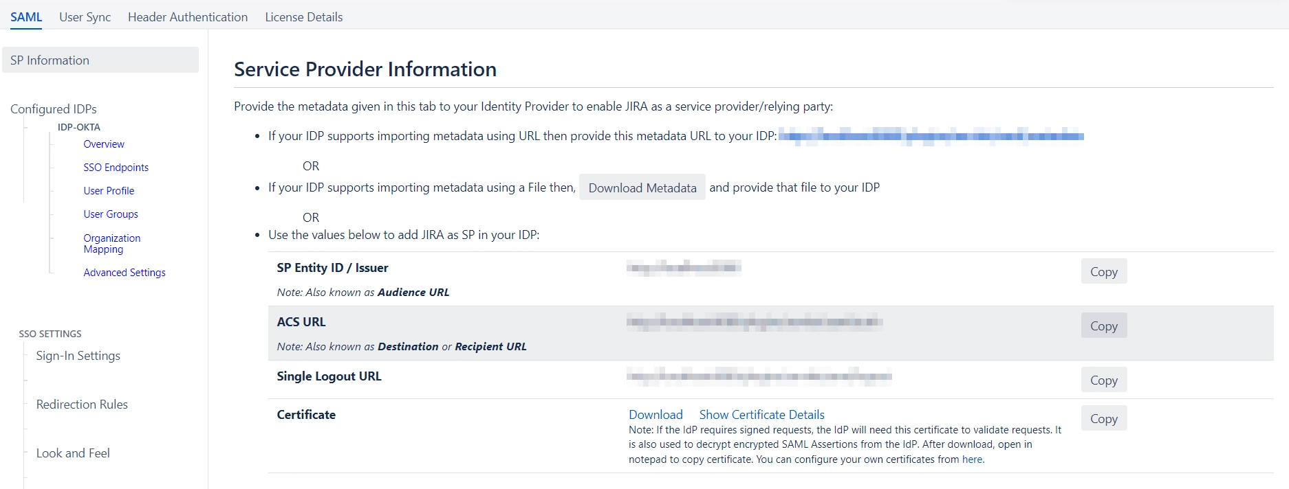 SAML Single Sign On (SSO) into Jira, Quick Setup sp metadata url