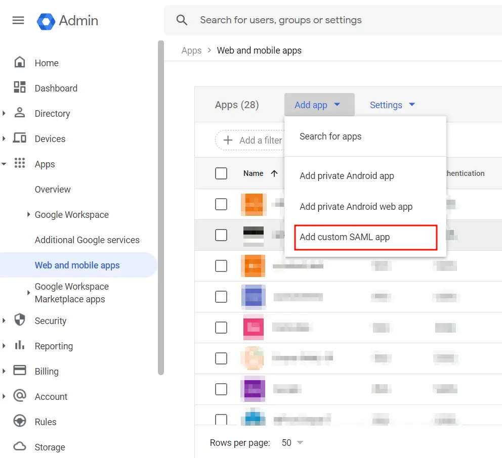 Option to add a custom SAML app in Google Admin Console