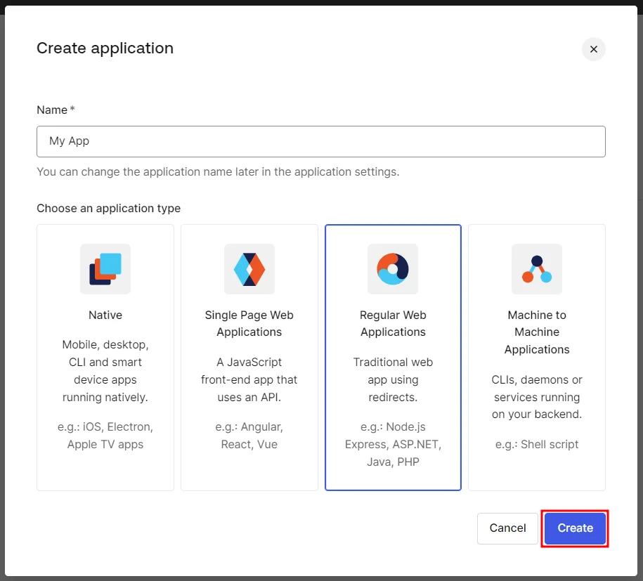 SAML Single Sign On (SSO), Create application dialog box for assigning app name and type before creation