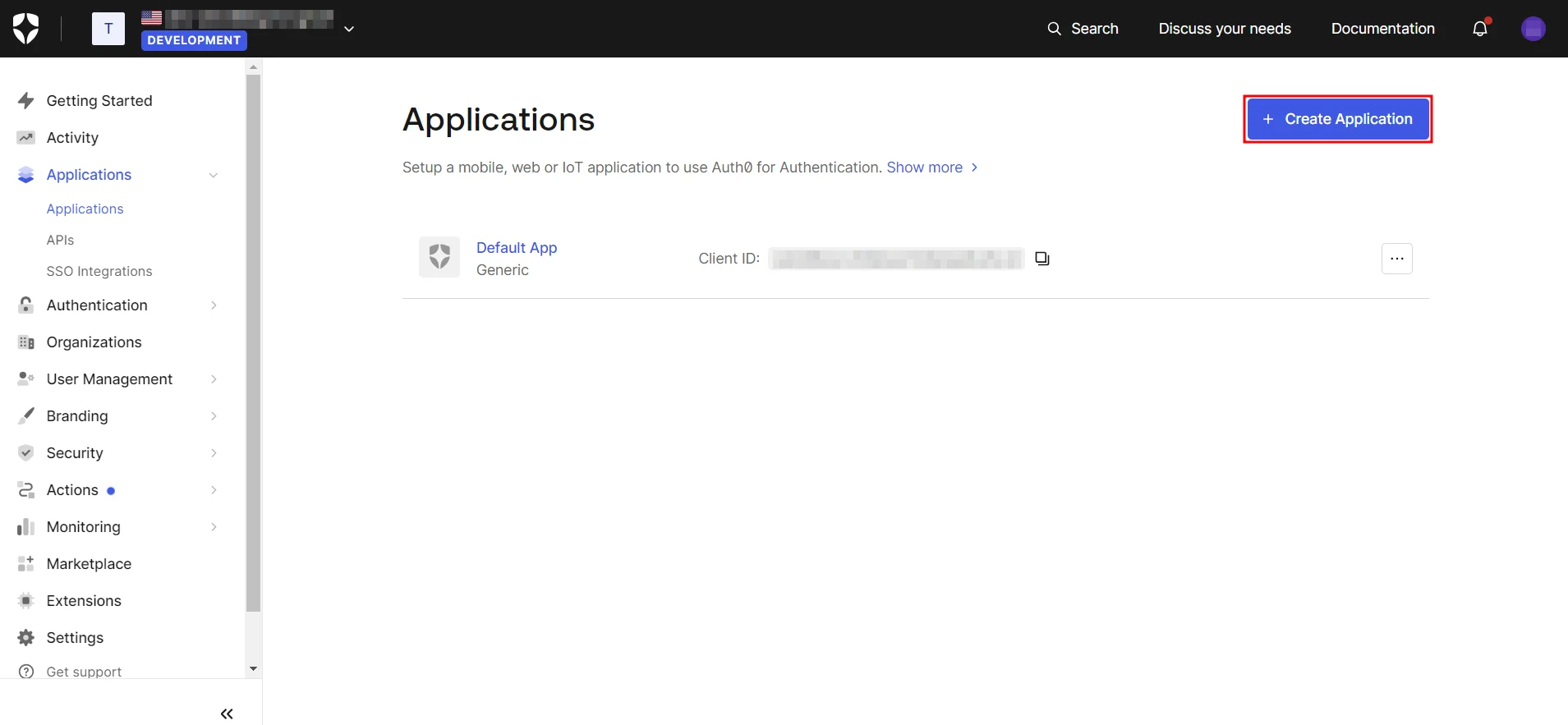 SAML Single Sign On (SSO), Create Application option inside Auth0 dashboard