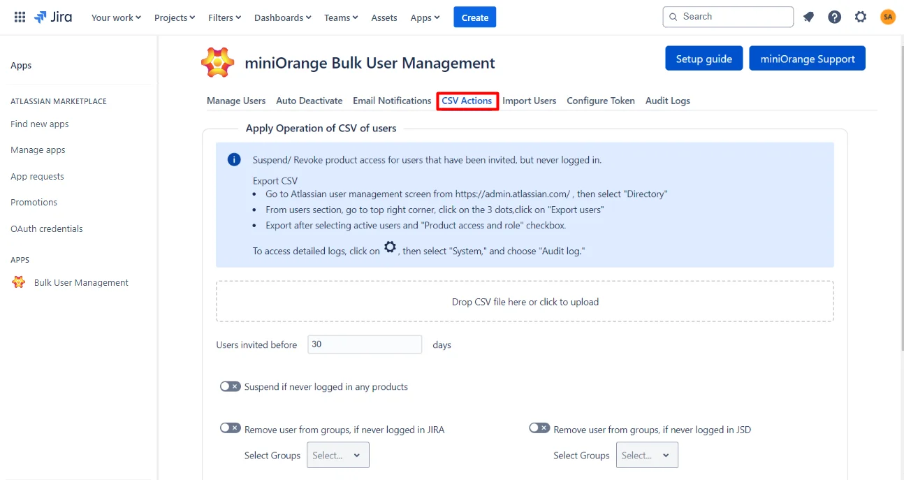 Setup Bulk User Management fo Jira, Bulk action management to inactivate deactivate users