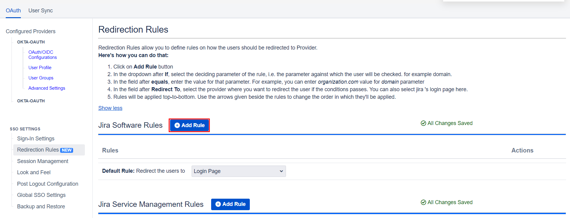 oauth 2.0 authentication, single sign on authentication, OAuth / OpenID Single Sign On (SSO) into Jira, Redirection Rules tab with provision for creating new rule