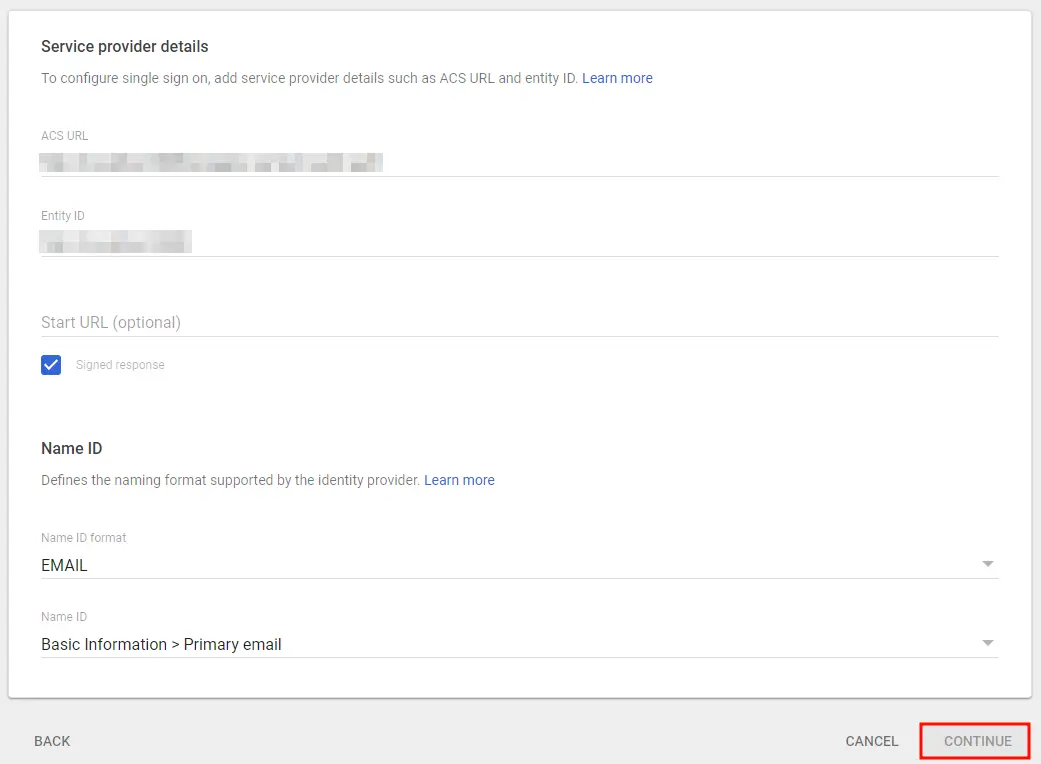 Google Apps SSO Login, Service provider details