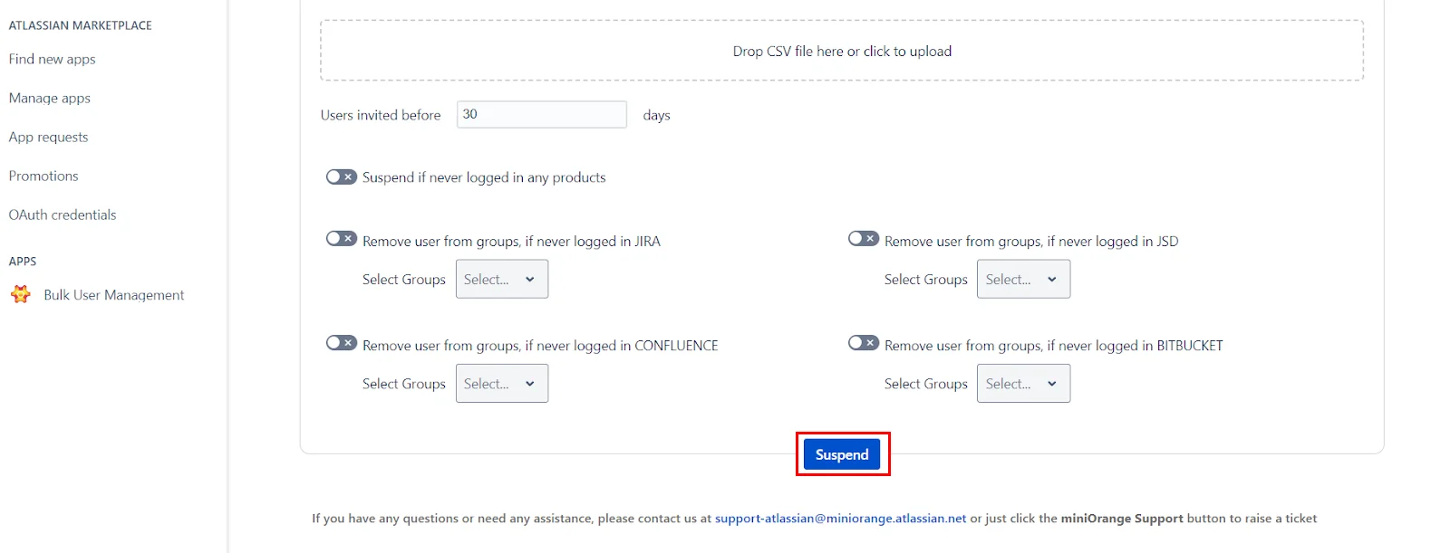 Setup Bulk User Management fo Jira, Bulk action management to inactivate deactivate users