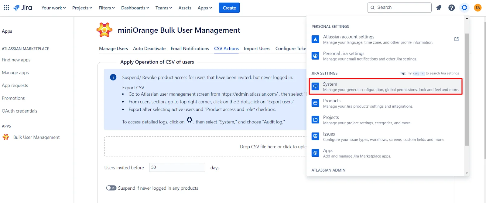 Setup Bulk User Management fo Jira, Bulk action management to inactivate deactivate users