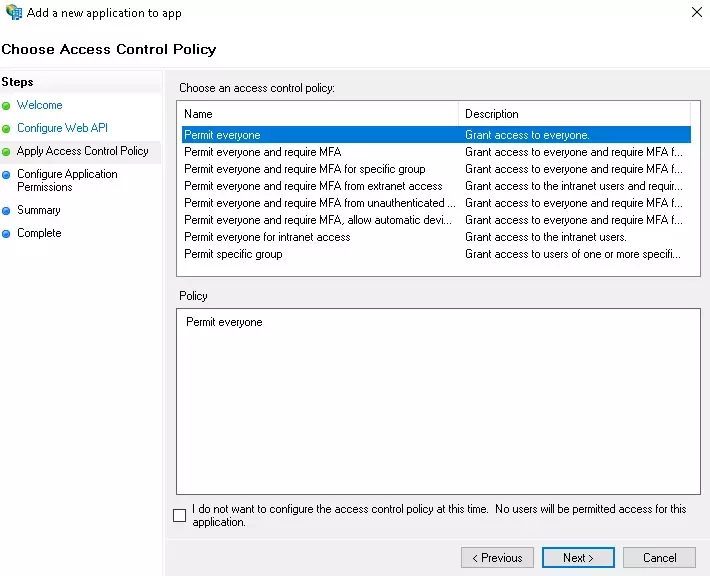 Single Sign On (SSO) using ADFS: Permit Access Control Policy