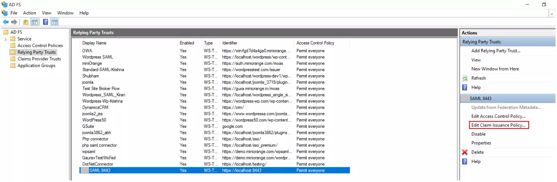 ADFS SSO: Select your application to claim issuance policy