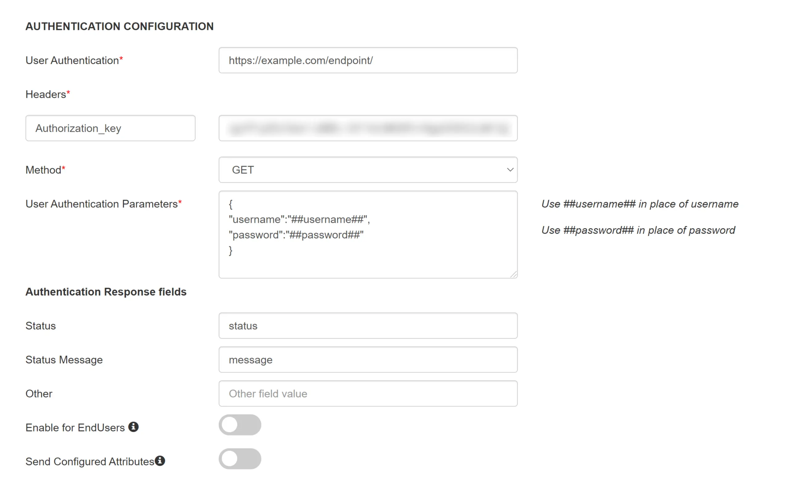 API Authentication Configuration Example with API key in header