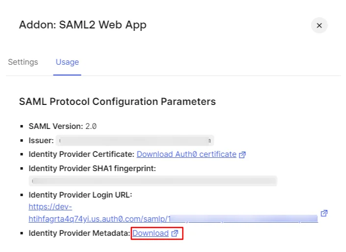 Download metadata for Auth0 SSO Login