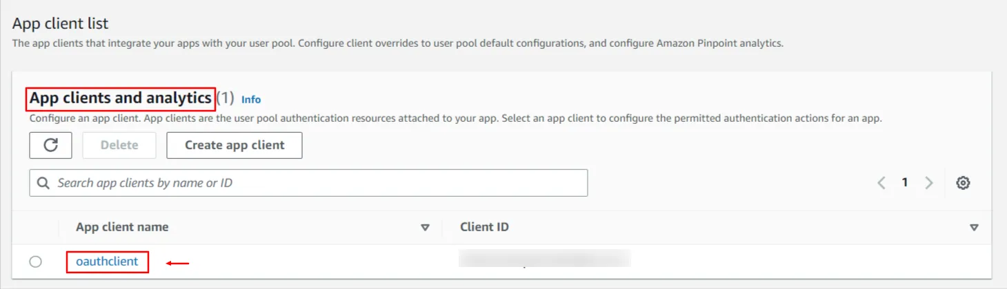 AWS Cognito OAuth/OpenID Single Sign On (SSO) : In App Integration sroll to App clients and analytics