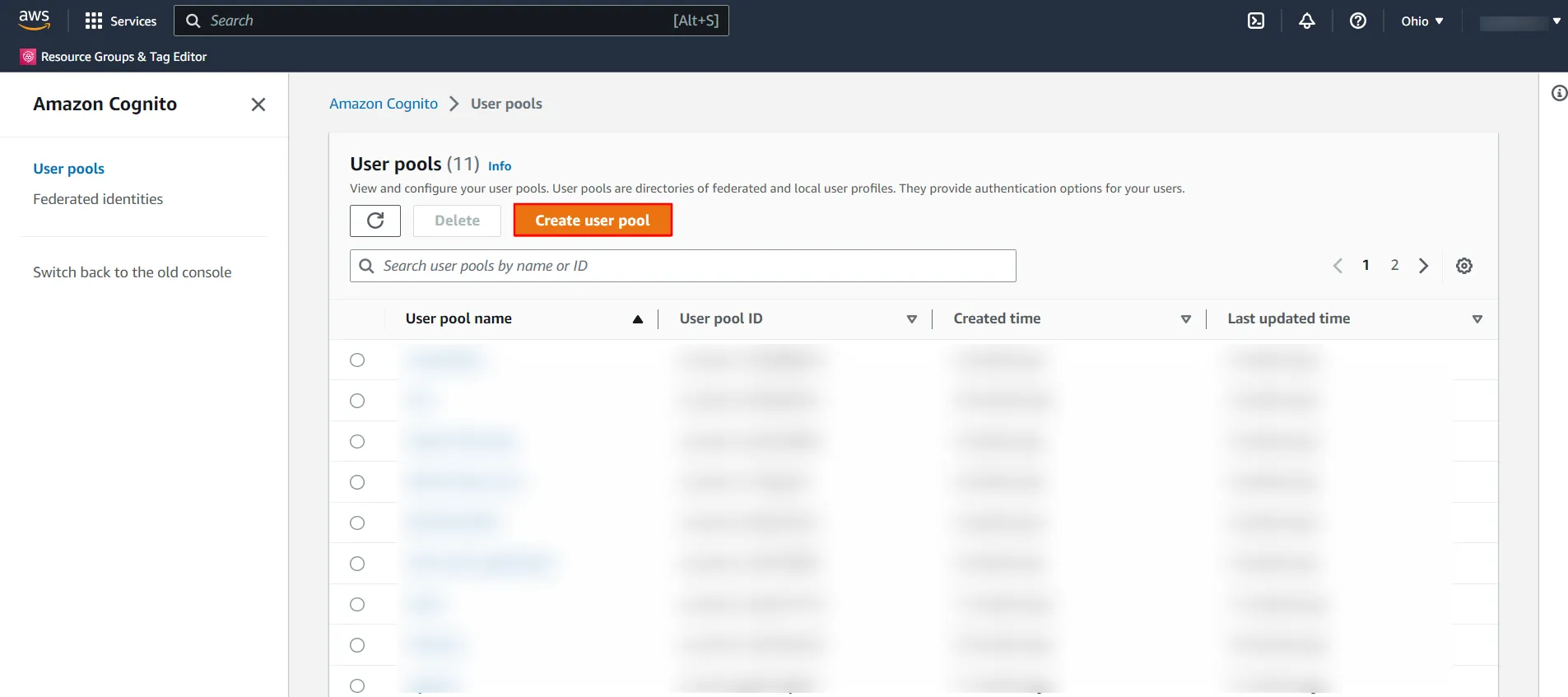 AWS Cognito OAuth/OpenID Single Sign On (SSO) : Click Create user pool