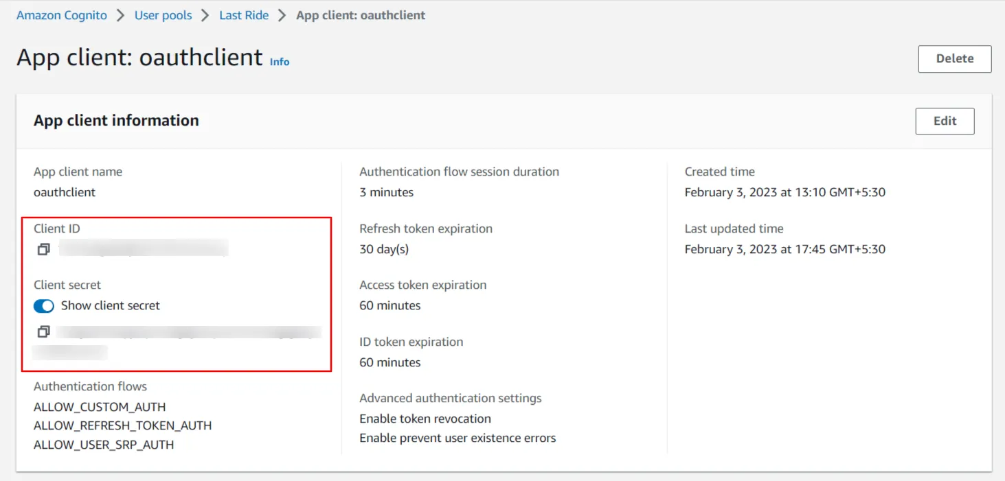 AWS Cognito OAuth/OpenID Single Sign On (SSO) : Copy Client ID and Client secret