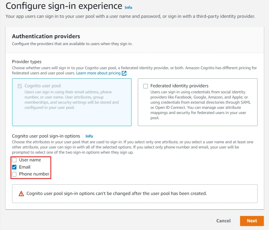 AWS Cognito OAuth/OpenID Single Sign On (SSO) : Choose attribute in Cognito user pool