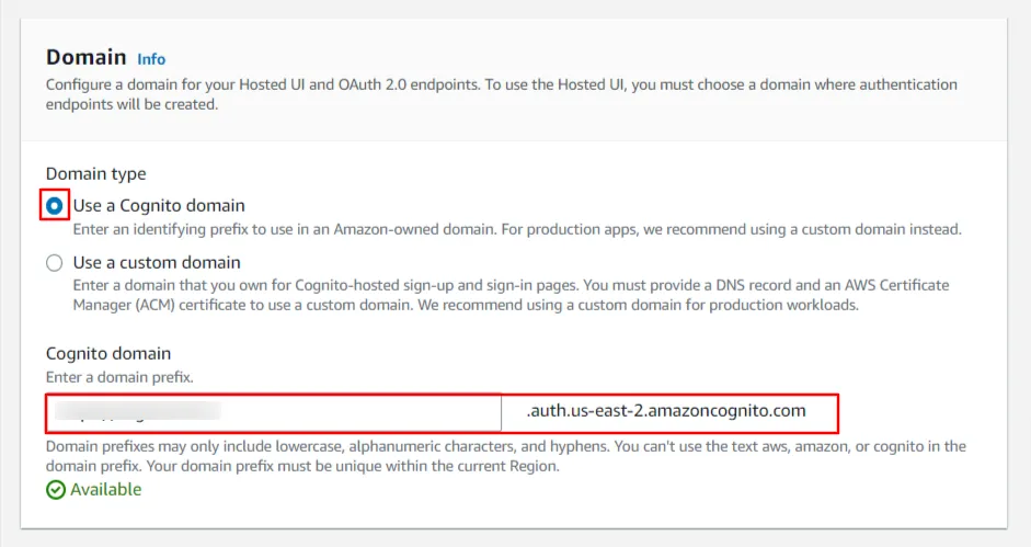 AWS Cognito OAuth/OpenID Single Sign On (SSO) : Enter a Domain name