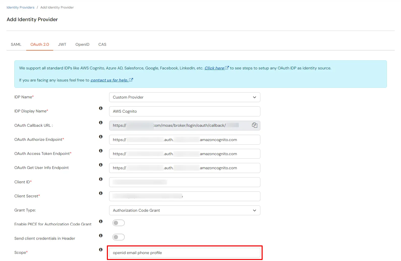 AWS Cognito OAuth/OpenID Single Sign On (SSO) : Enter AWS Cognito IDP details