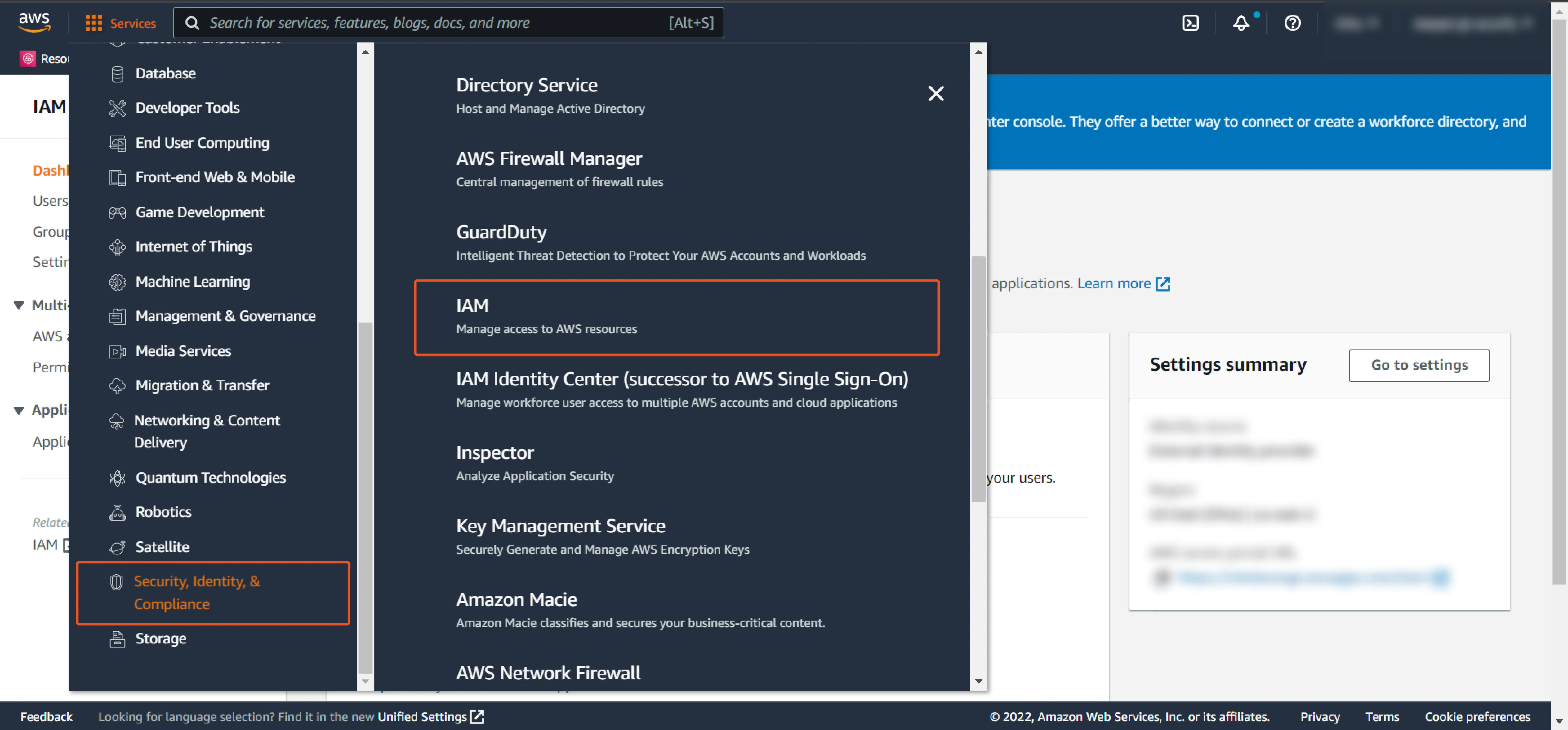 AWS MFA/2FA click on services tab