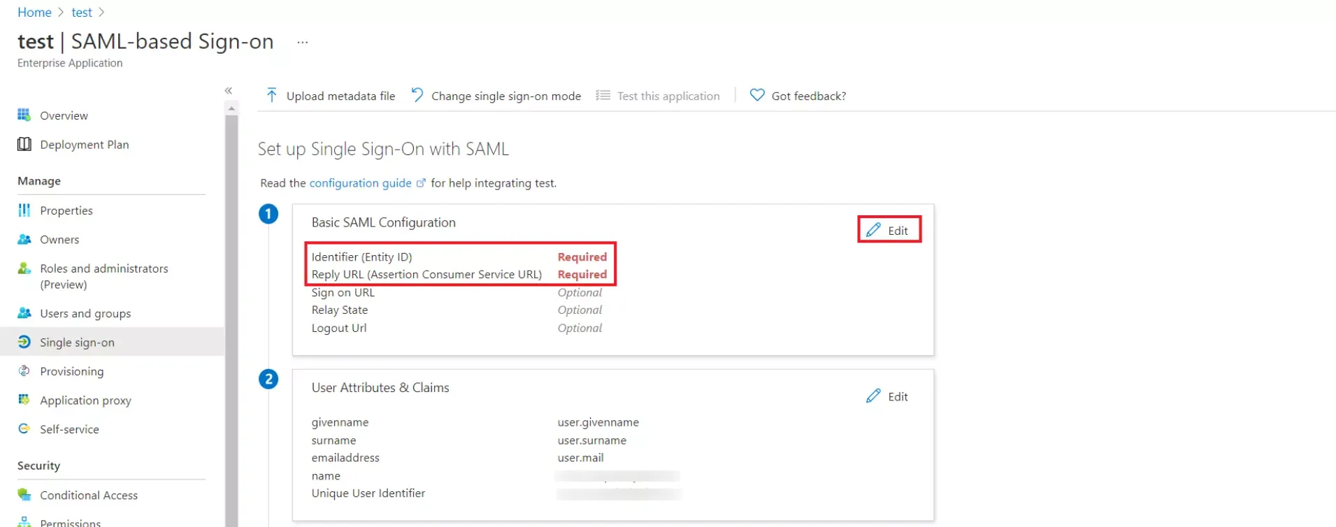 Azure AD as IDP : SAML configuration