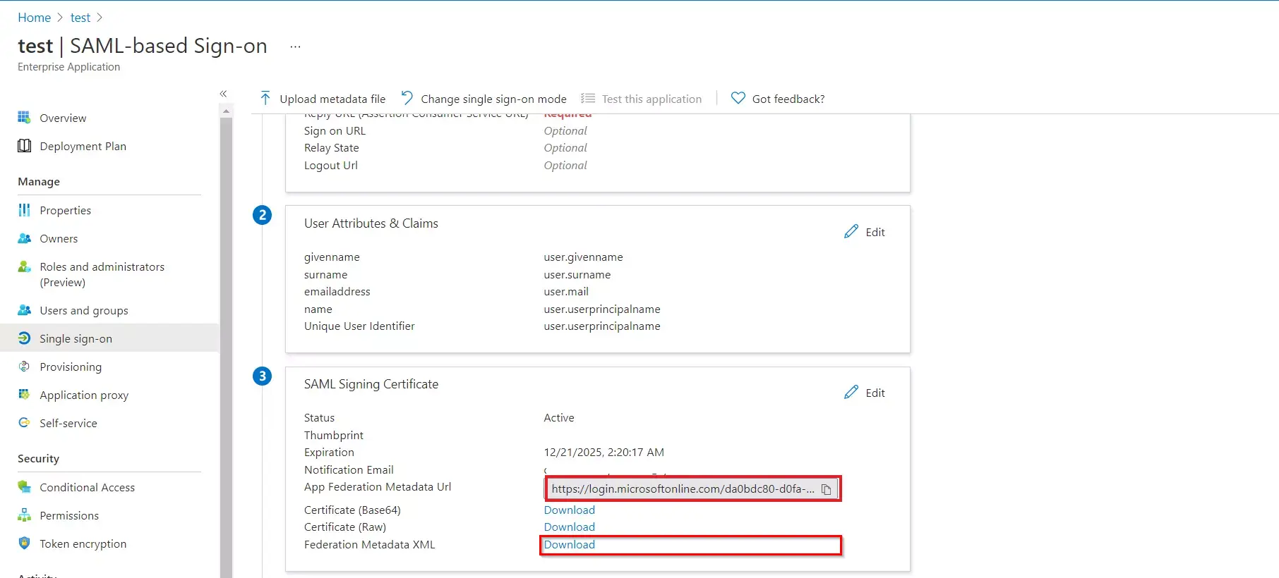 Microsoft Entra ID SSO : Federation metadata file