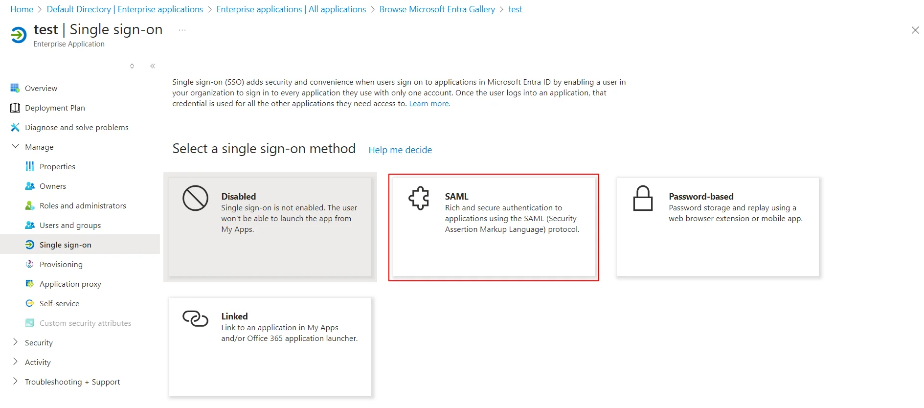 Microsoft Entra ID as IDP : Select SAML