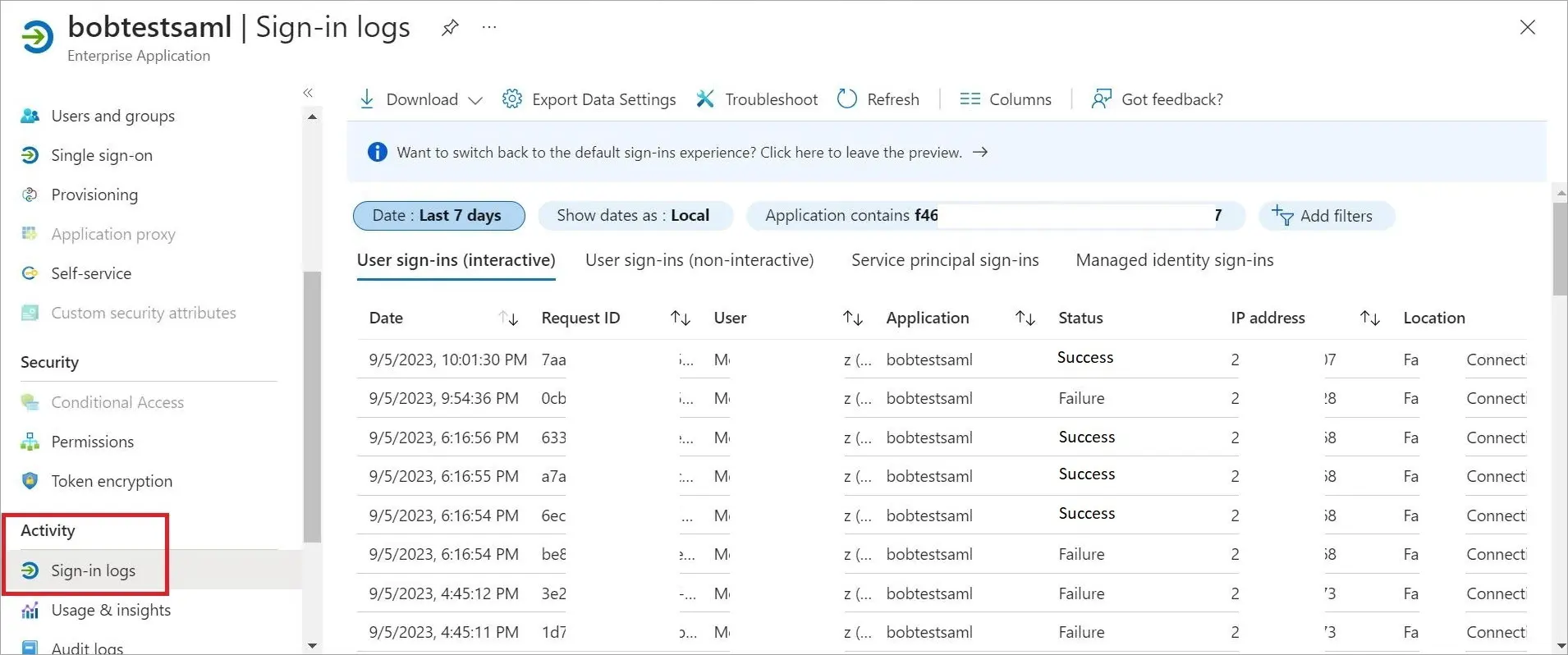 Activity click Sign in Logs