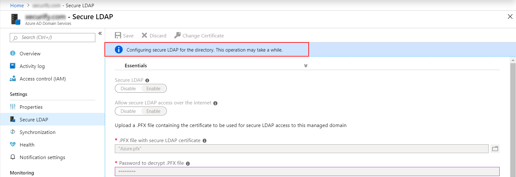 Microsoft Entra Secure Ldap configured for the managed domain