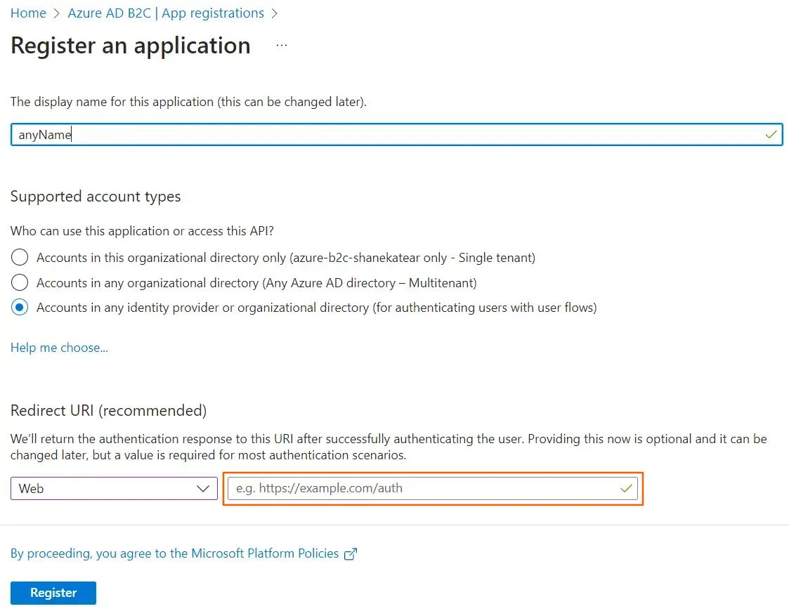 Azure B2C SSO Login: azure-b2c-app-create